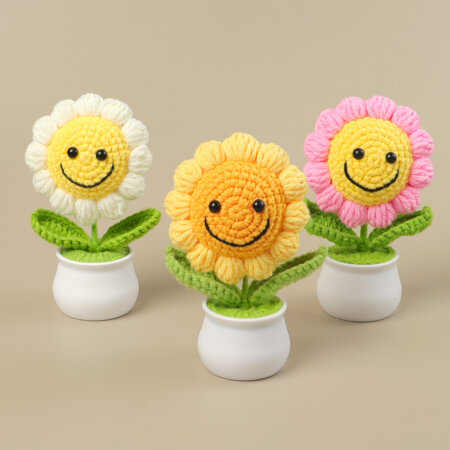 Hand woven - Knitted - Smiling Sunflowers - Potted Plants - Decorations -01.