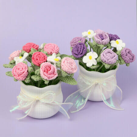 Hand woven - knitted - rose bouquet - potted plants - decorations - birthday gift.
